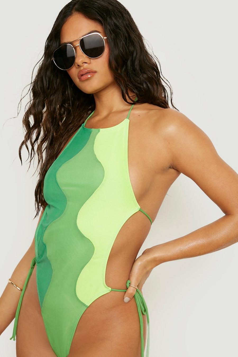Lime Contour Mesh Tie Side Cut Out Swimsuit image number 1