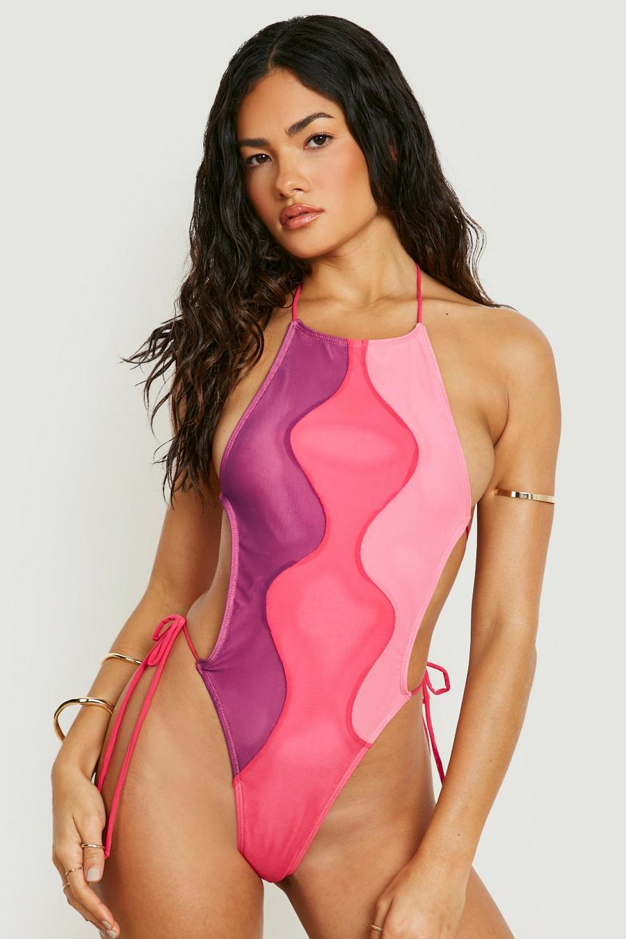 Pink Contour Mesh Tie Side Cut Out Swimsuit