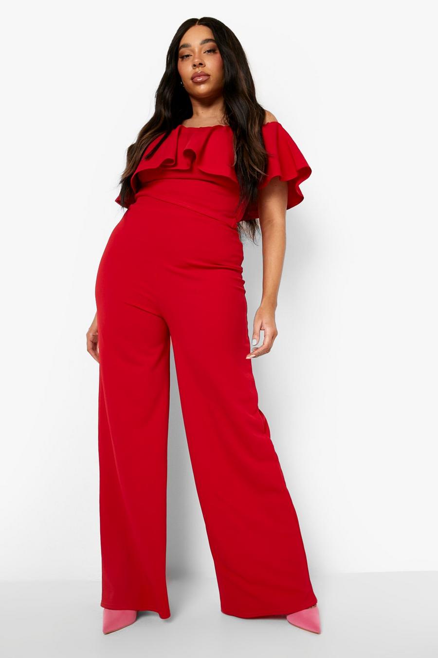 Red Plus Bardot And Wide Leg Pants Co-Ord image number 1