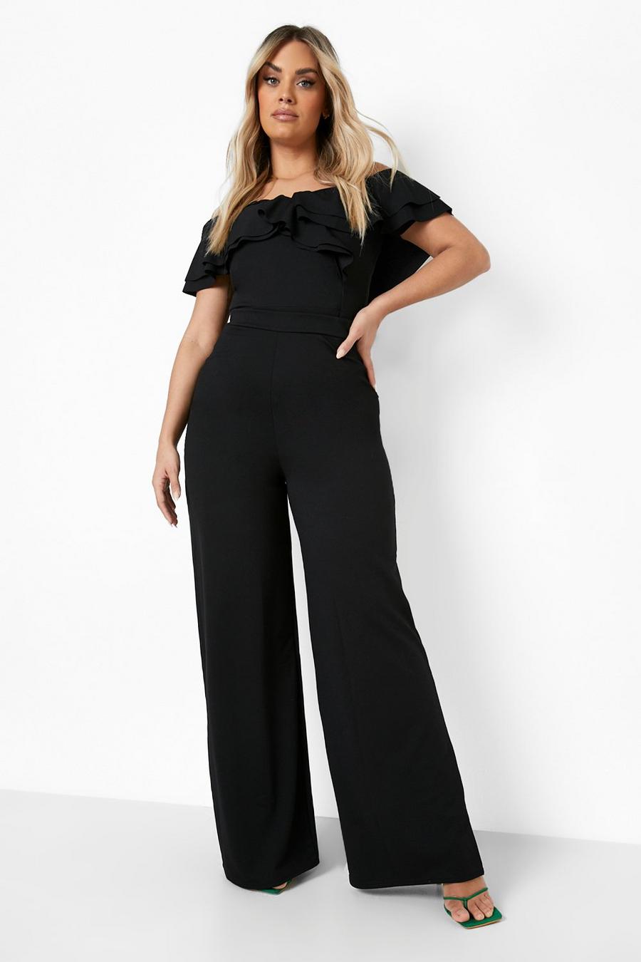 Set coordinato Plus Size -body arricciato & pantaloni, Black nero