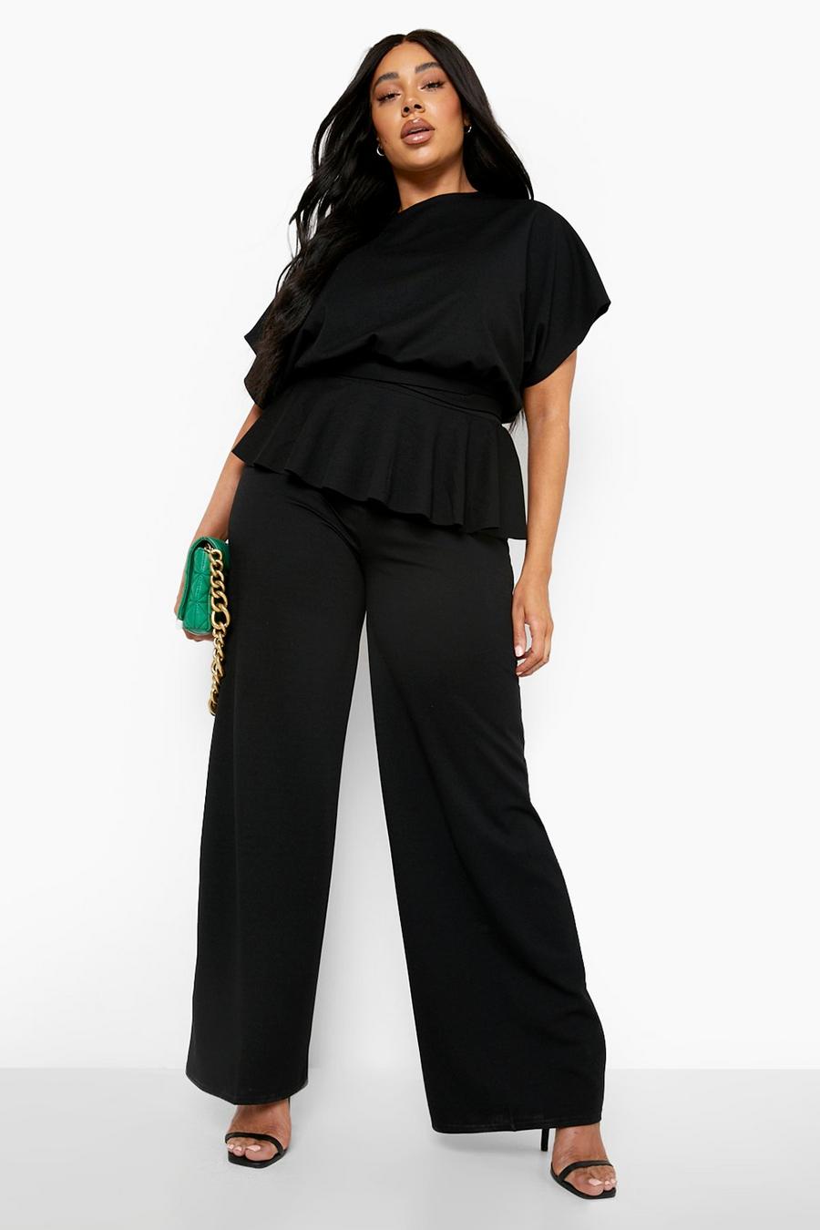 Black Plus Peplum Top And Wide Leg Pants Two-Piece image number 1
