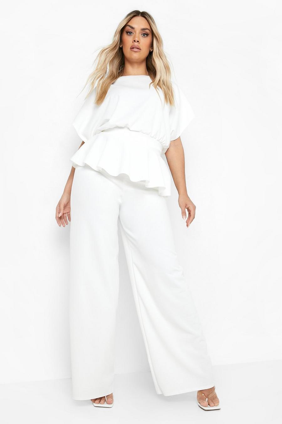 Ivory Plus Peplum Top And Wide Leg Pants Two-Piece image number 1