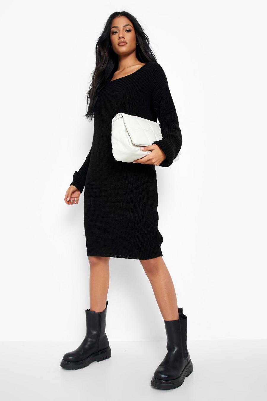 שחור שמלת סוודר עם צווארון אלכסוני, לנשים גבוהות image number 1