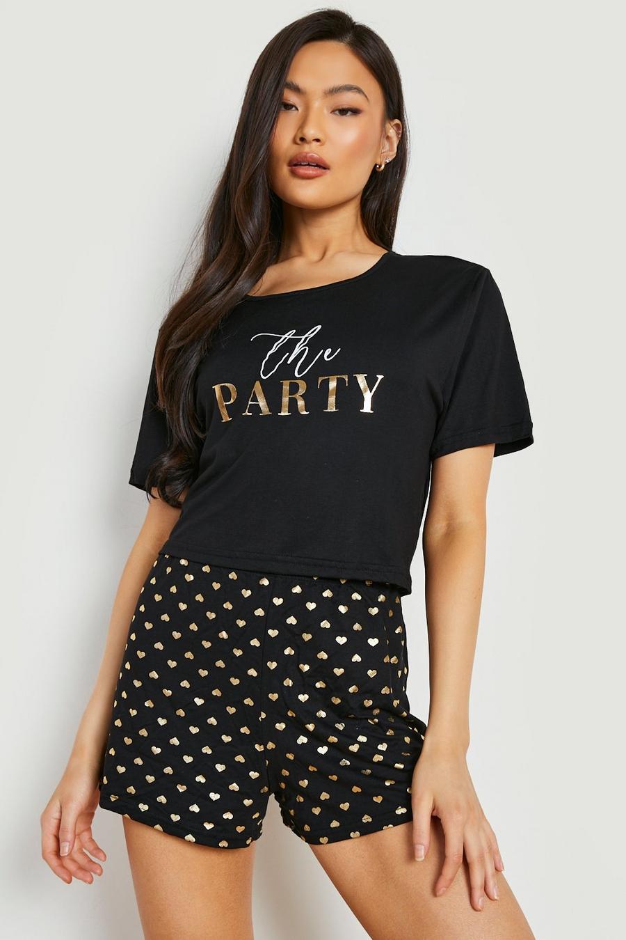 Pyjama t-shirt à imprimé The Party et short à cœurs , Black noir