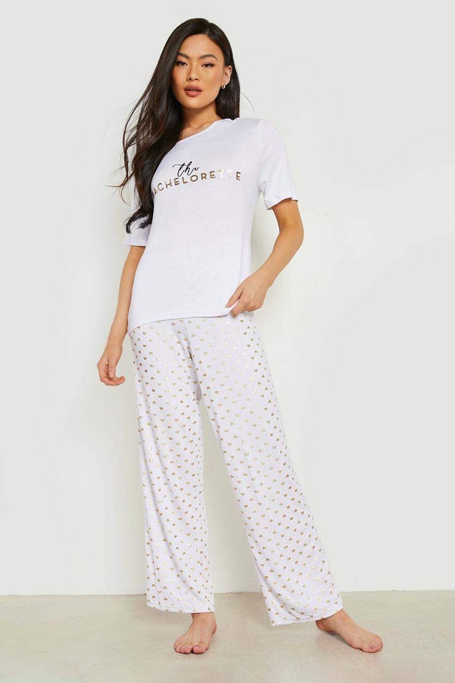 Pijama de pantalón largo con estampado The Bachelorette y corazones, White bianco