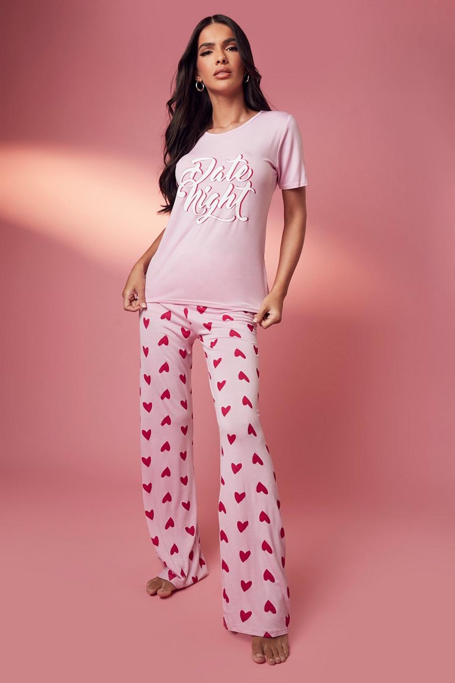 Set pigiama di S. Valentino con pantaloni lunghi a cuori e scritta Date Night, Baby pink rosa