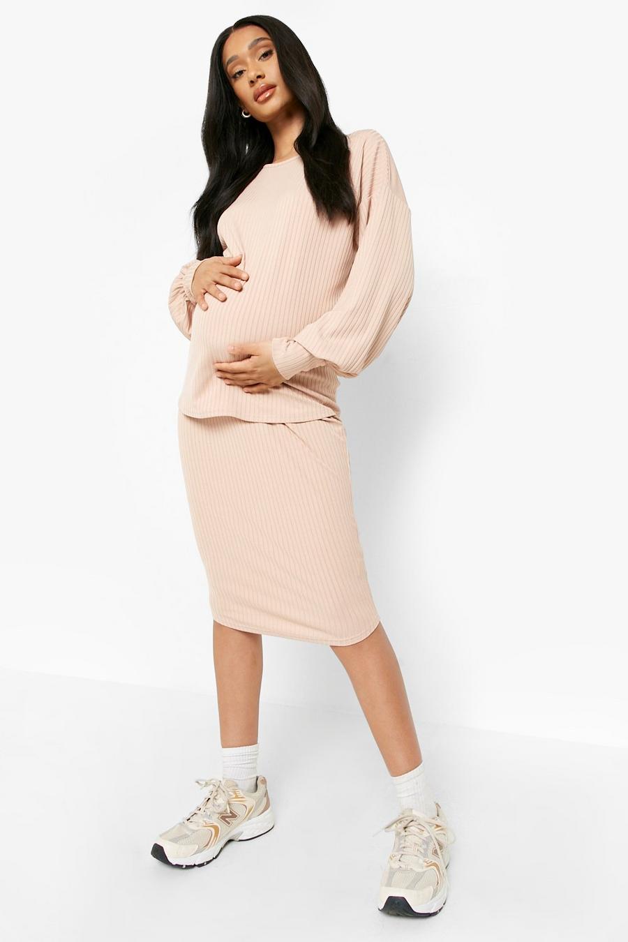 Mocha beige Maternity Rib Midi Skirt Co-ord