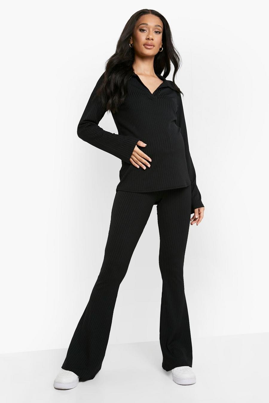 Black Maternity Rib Collar Flare Co-ord image number 1