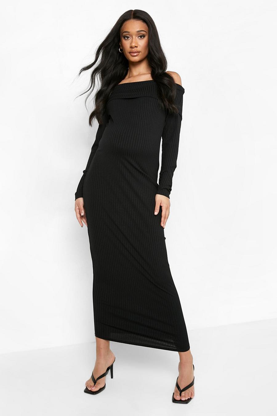 Black Maternity Rib Overlay Off The Shoulder Midaxi Dress image number 1