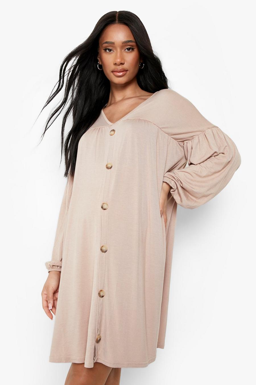 Stone Maternity Button Down Puff Sleeve Smock Dress image number 1