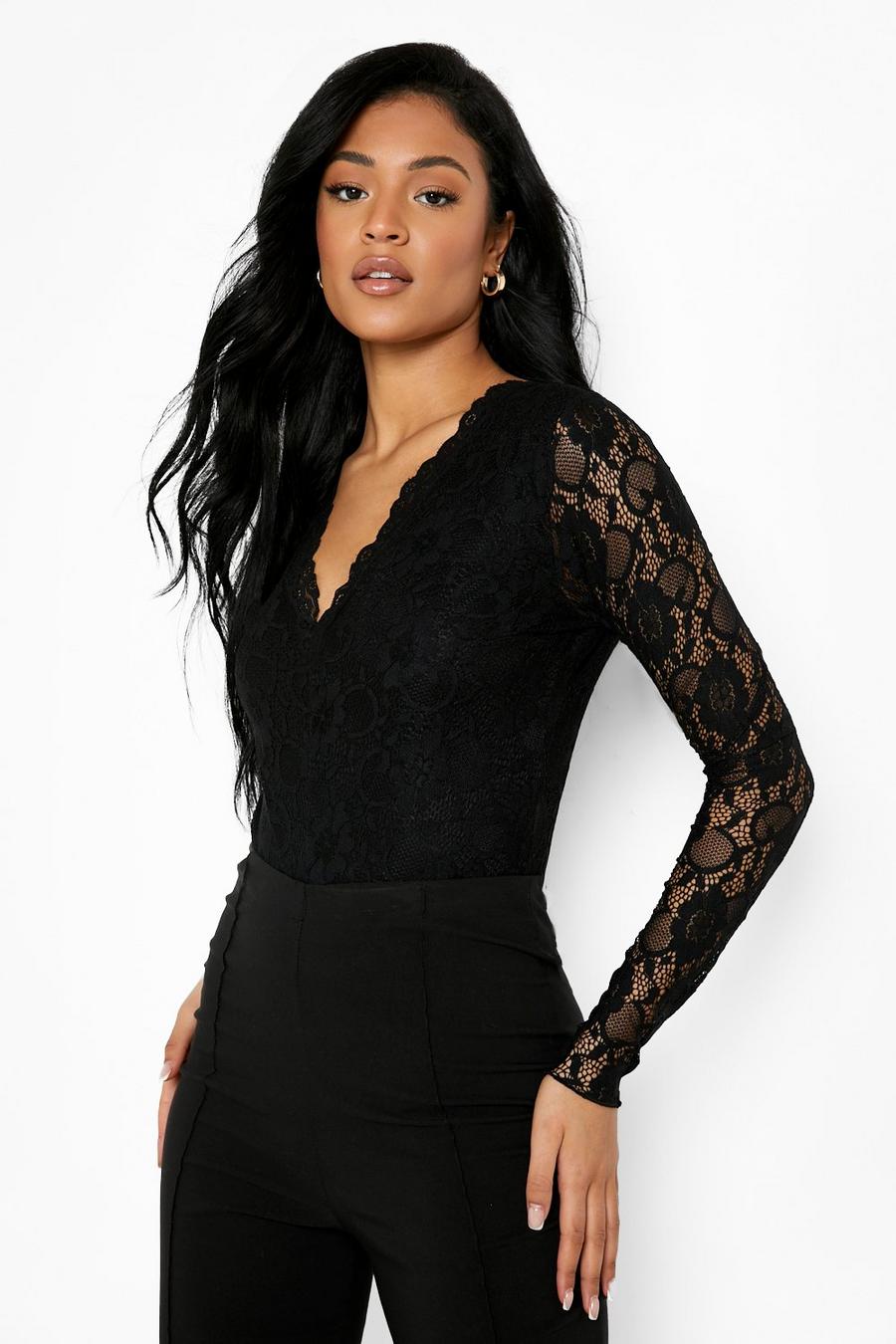 Black Tall Lace Long Sleeved Bodysuit image number 1