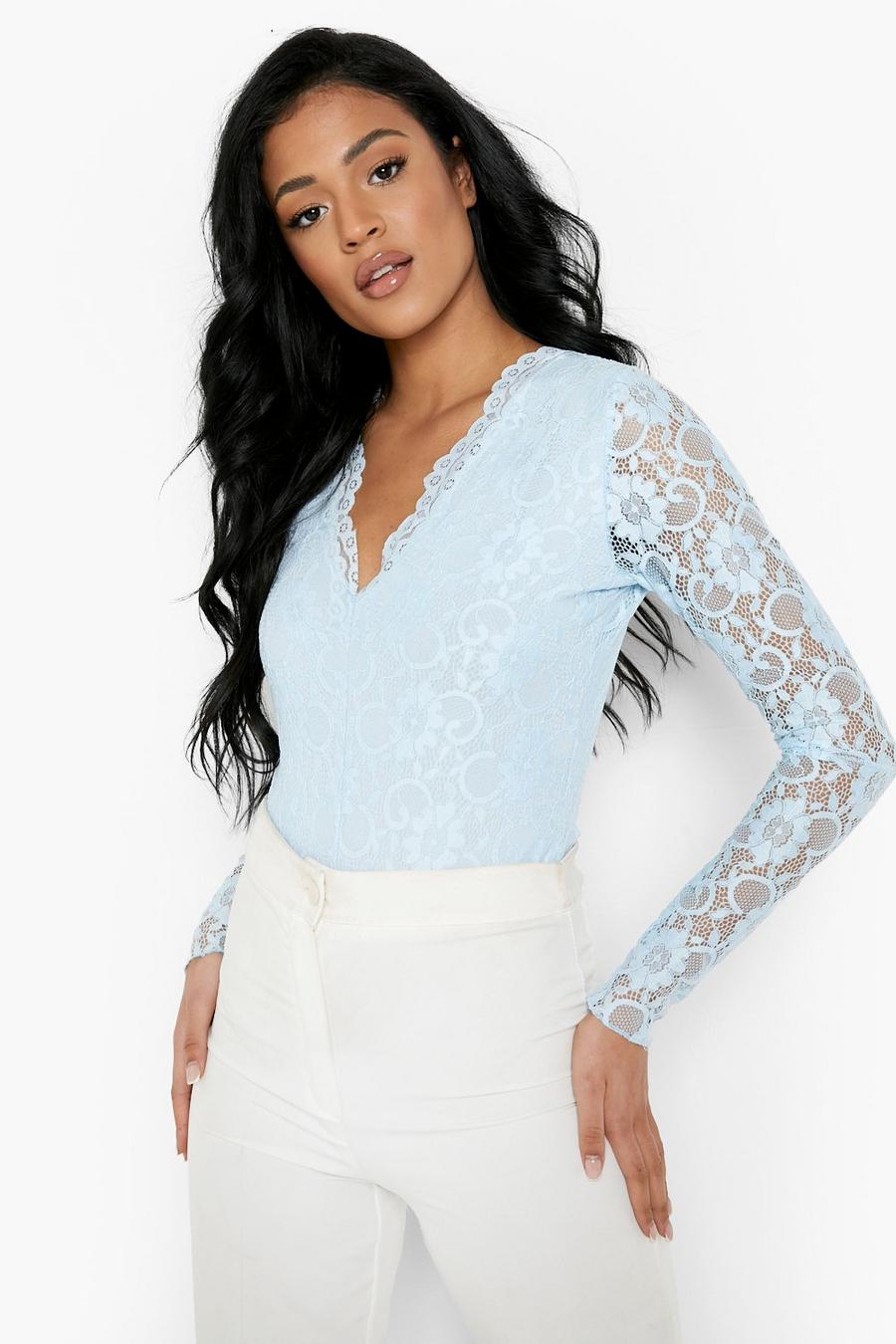 White High Neck Sheer Lace Bodysuit, Tops