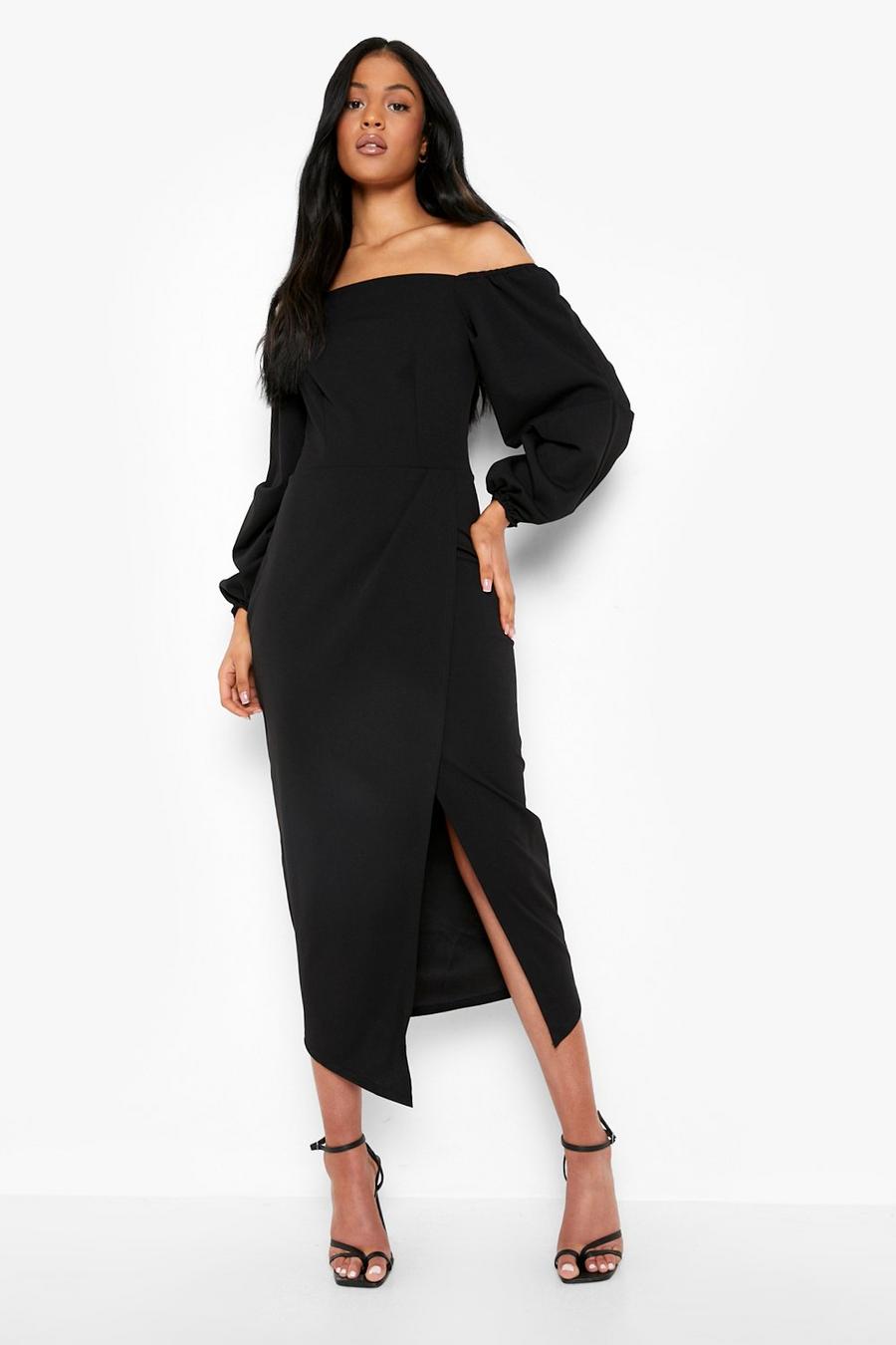 Black Tall Scuba Bardot Long Sleeve Wrap Midi Dress image number 1