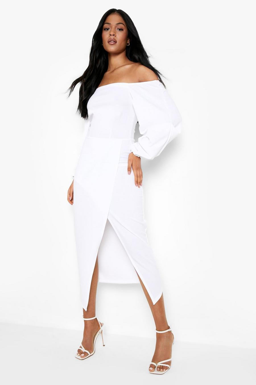 White Tall Scuba Bardot Long Sleeve Wrap Midi Dress image number 1
