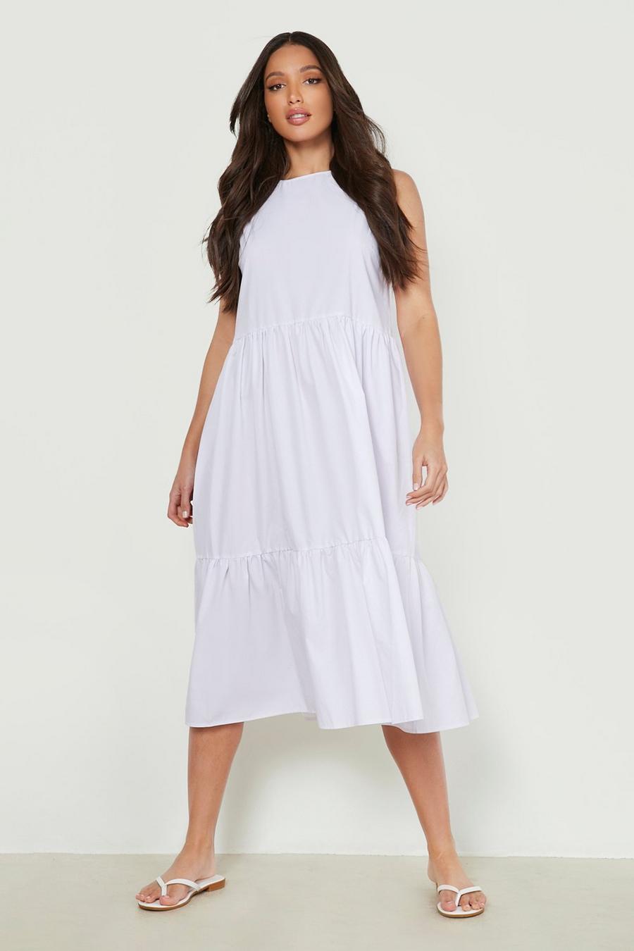 White Tall Cotton Tiered Midi Smock Dress image number 1