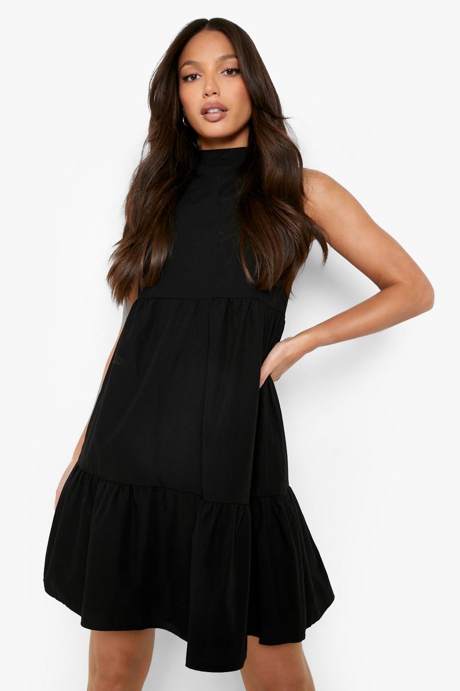 Black Tall Cotton High Neck Tiered Dress image number 1