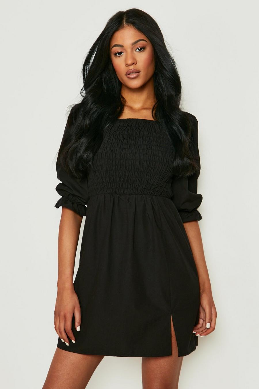 Black Tall Cotton Shirred Puff Sleeve Skater Dress image number 1