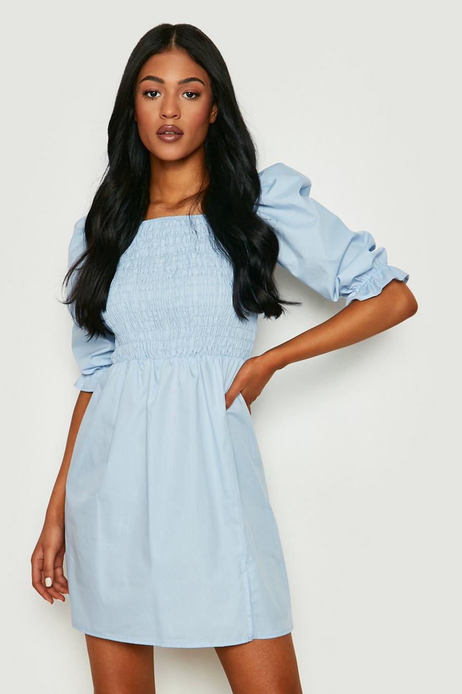 Blue Tall Cotton Shirred Puff Sleeve Skater Dress image number 1