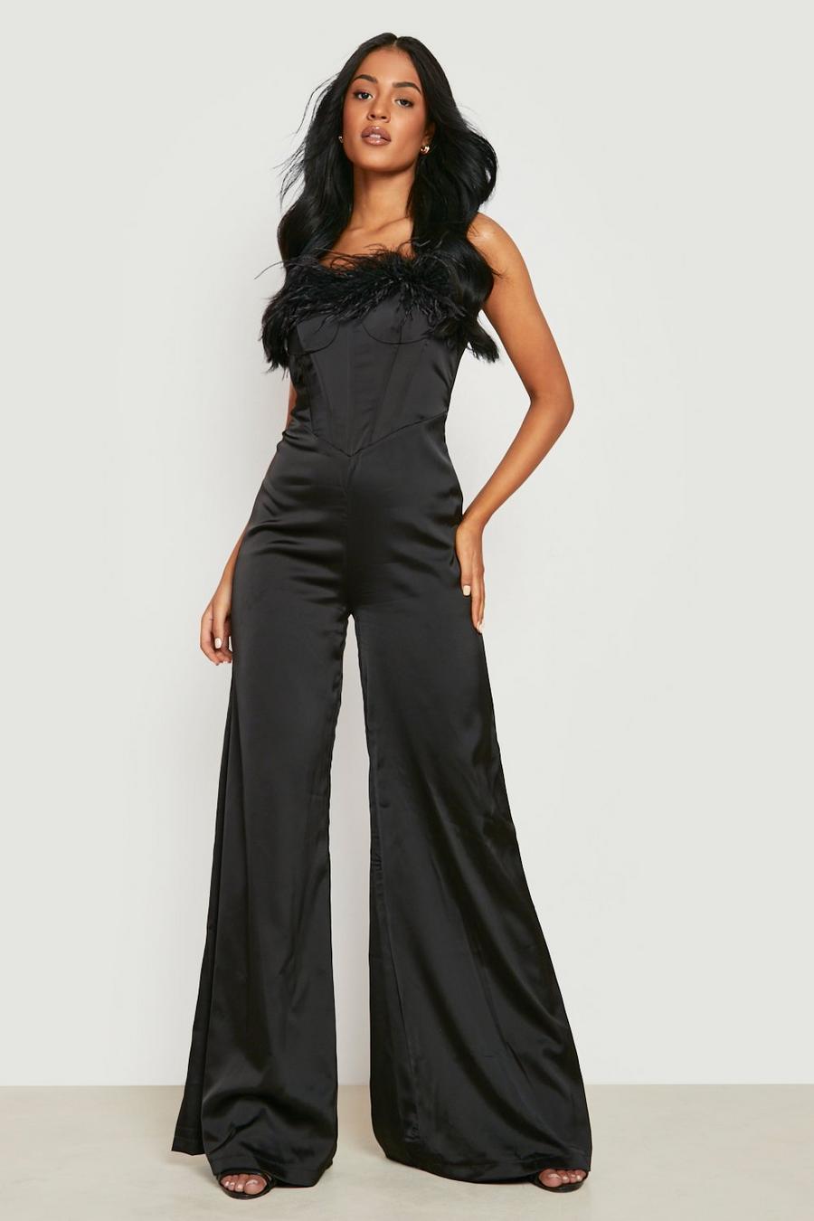 Black Tall Feather Trim Wide Leg Jumpsuit image number 1