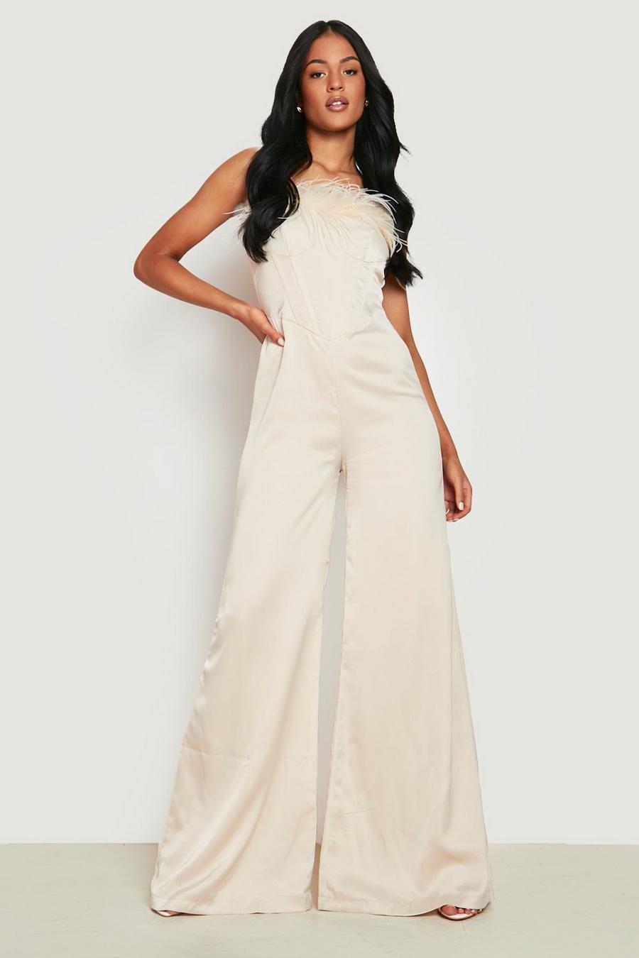 Champagne Tall Feather Trim Wide Leg Jumpsuit image number 1
