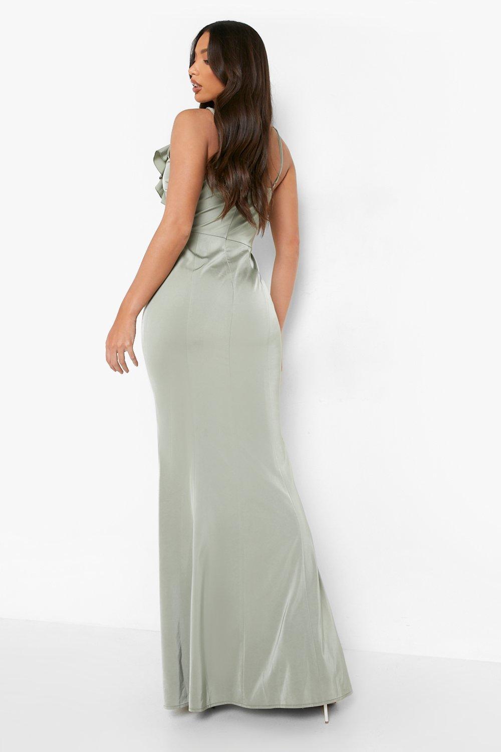 Womens Clothing Dresses Casual and summer maxi dresses Green Boohoo Tall Frill Detail Fishtail Satin Maxi Dress in Sage 