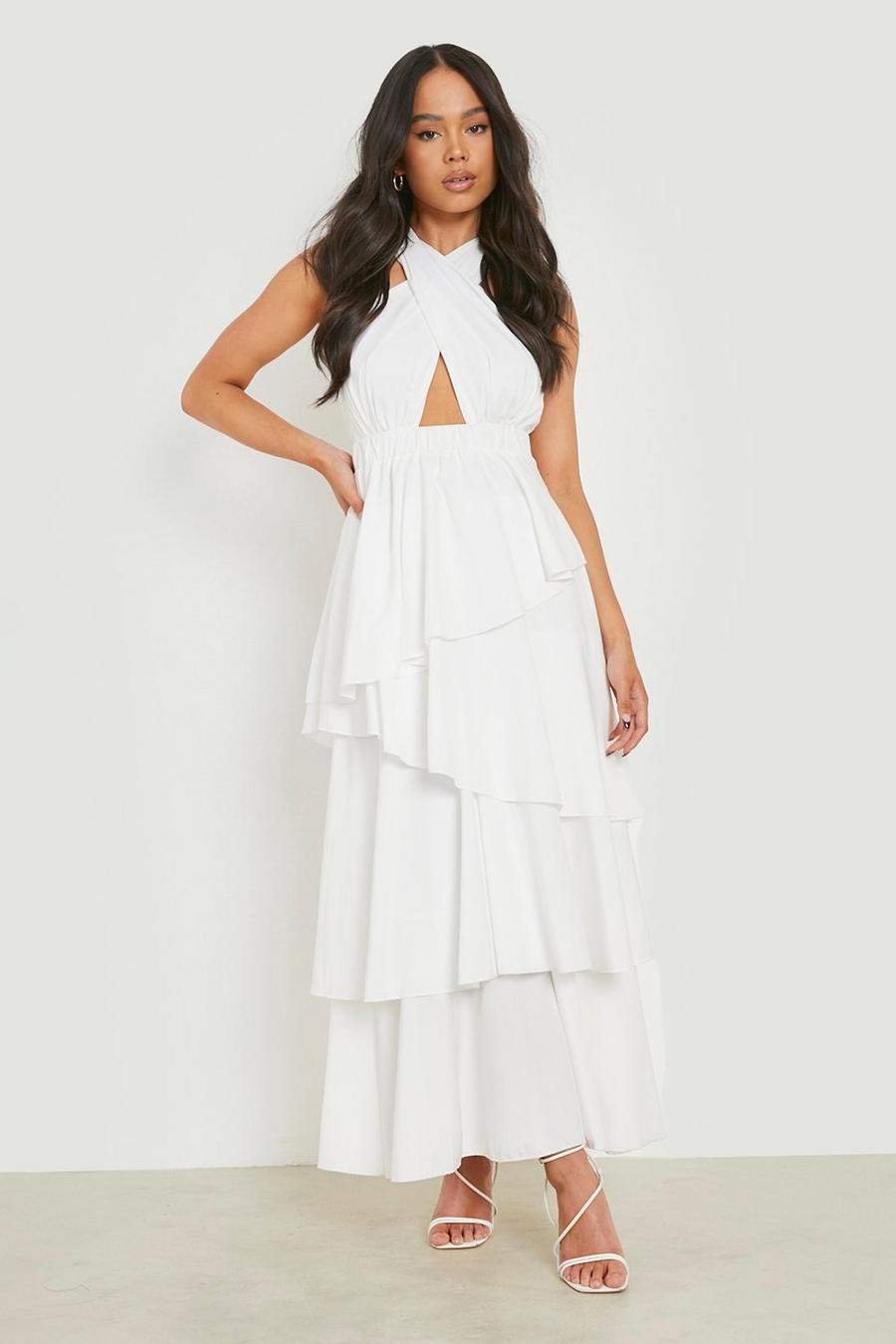 White Petite Halter Ruffle Tiered Maxi Dress image number 1