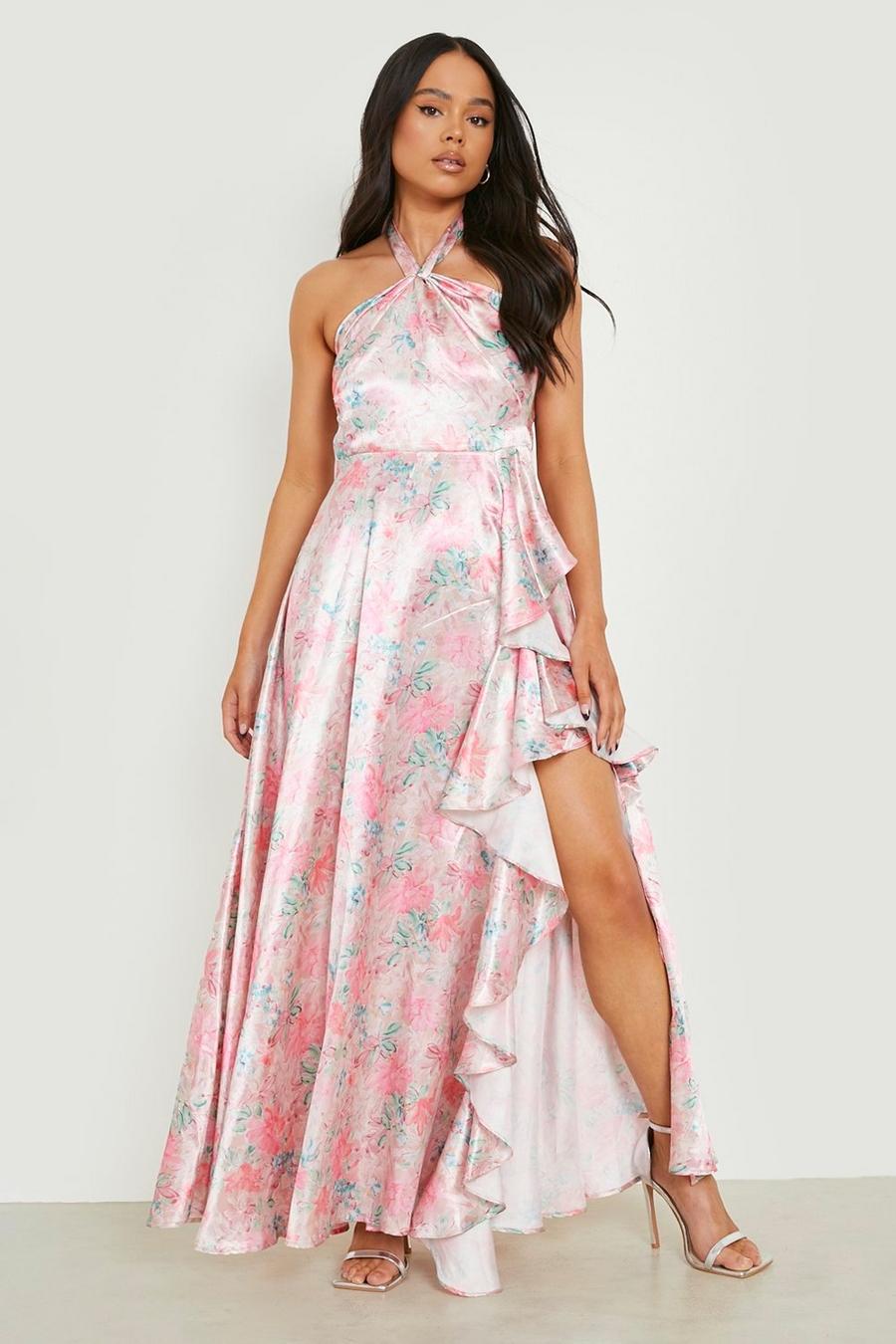 Pink Petite Floral Satin Occasion Frill Maxi Dress image number 1