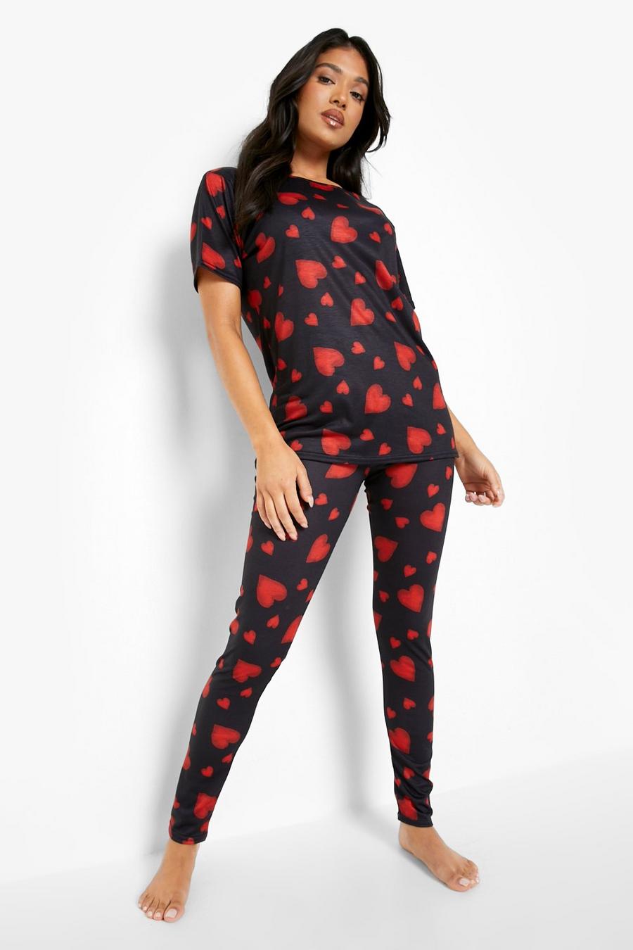 Black Petite Heart Print Pyjama Set  image number 1