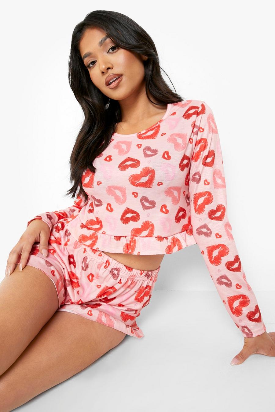 Petite - Pyjama top et short à imprimé cœurs , Pale pink