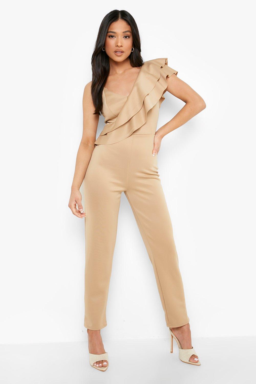 Petite Asymmetric Ruffle Skinny Leg Jumpsuit boohoo