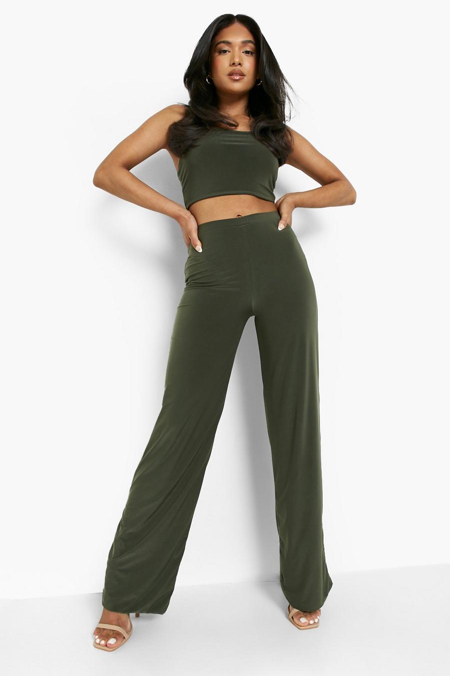 Khaki Petite Double Layer Crop Top & Pants Co-Ord image number 1