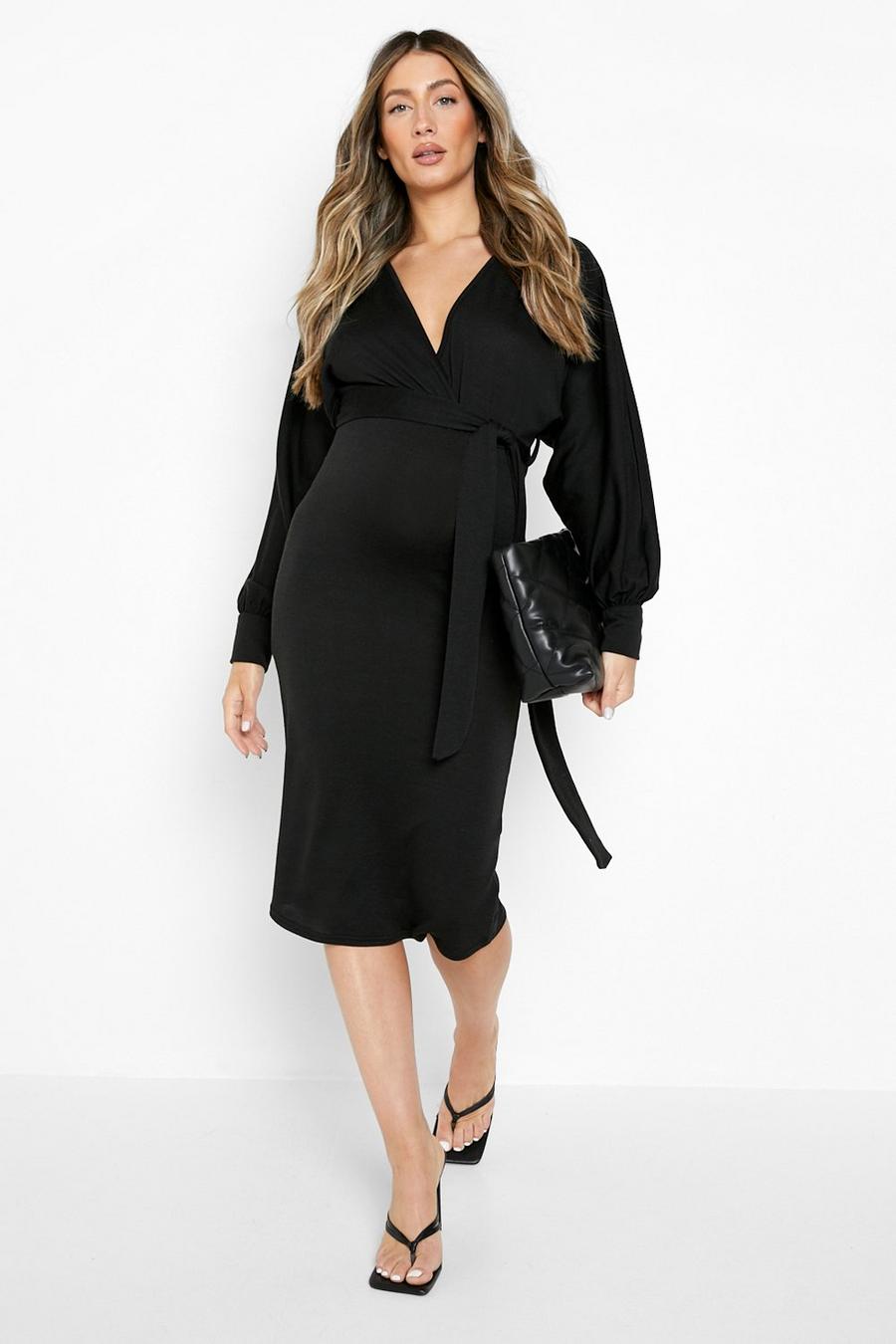 Black Maternity Knitted Rib Wrap Jumper Dress image number 1