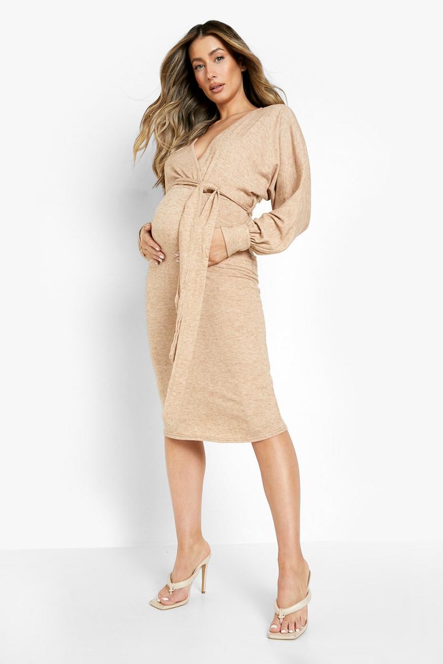 Oatmeal Maternity Knitted Rib Wrap Jumper Dress image number 1