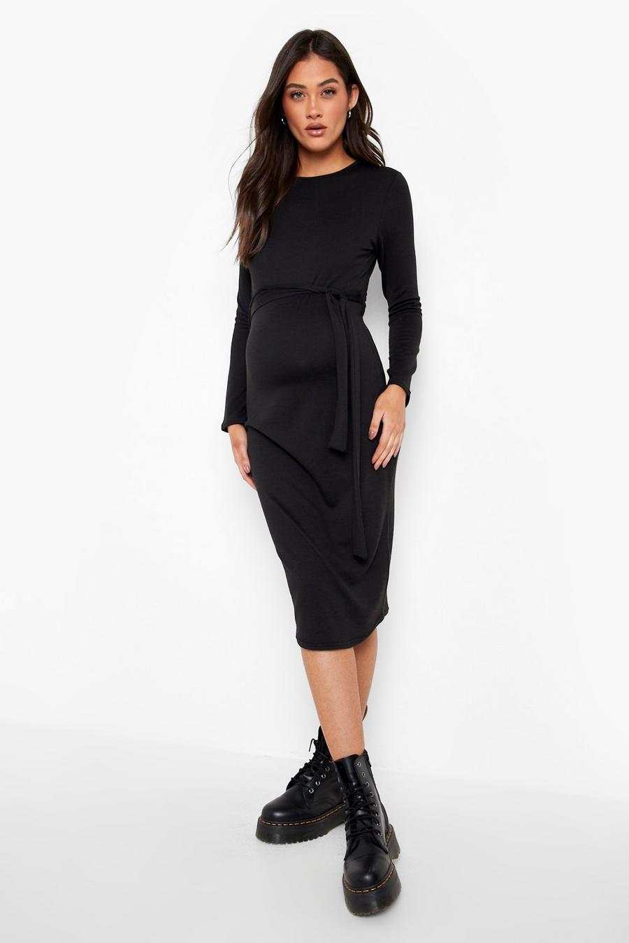 Black Maternity Tie Waist Knitted Dress image number 1