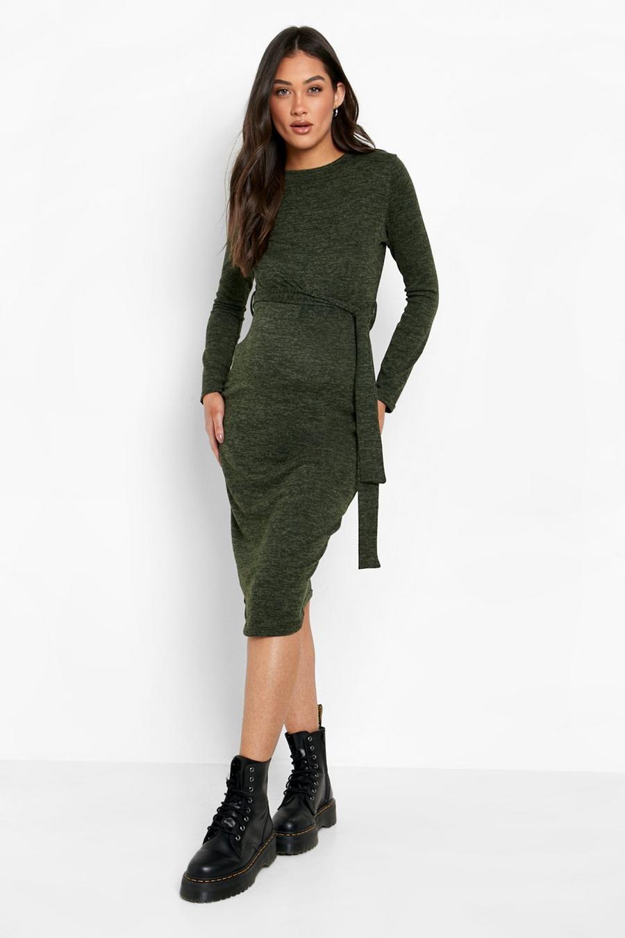 Khaki Maternity Tie Waist Knitted Dress image number 1