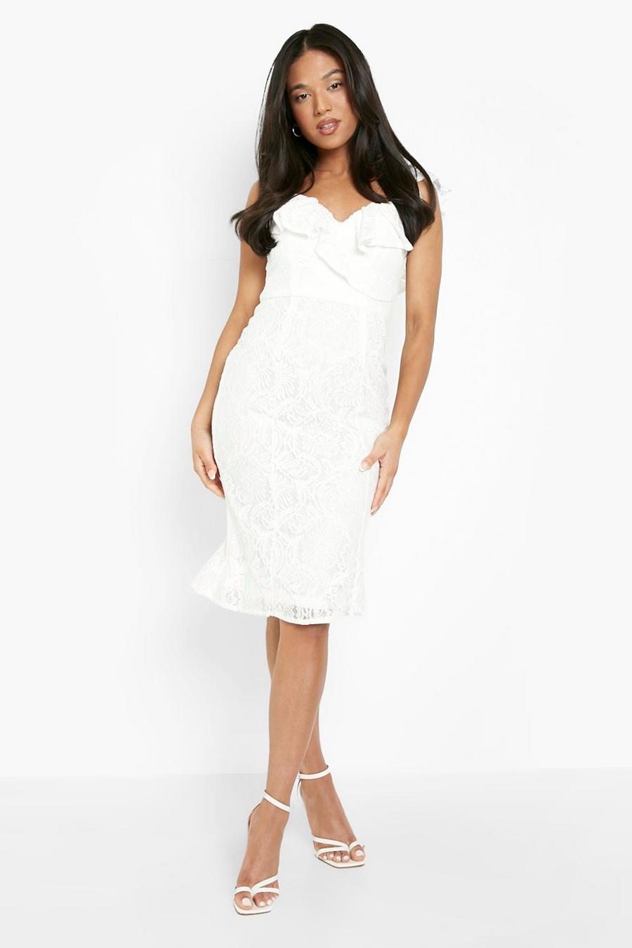 Vestido Petite midi de encaje con volante y escote bardot, White image number 1