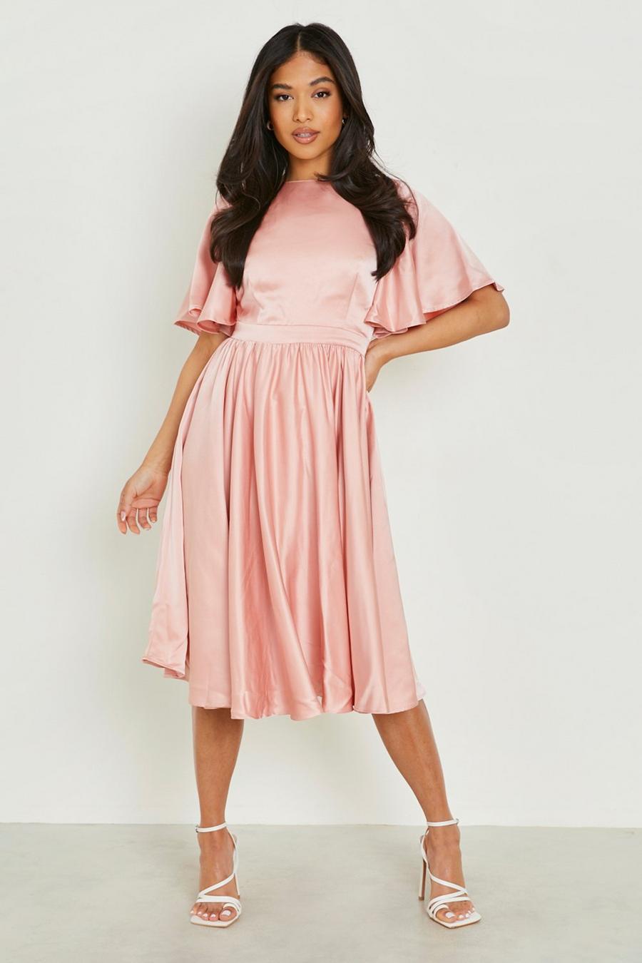 Blush pink Petite Premium Satin Angel Sleeve Midi Dress image number 1