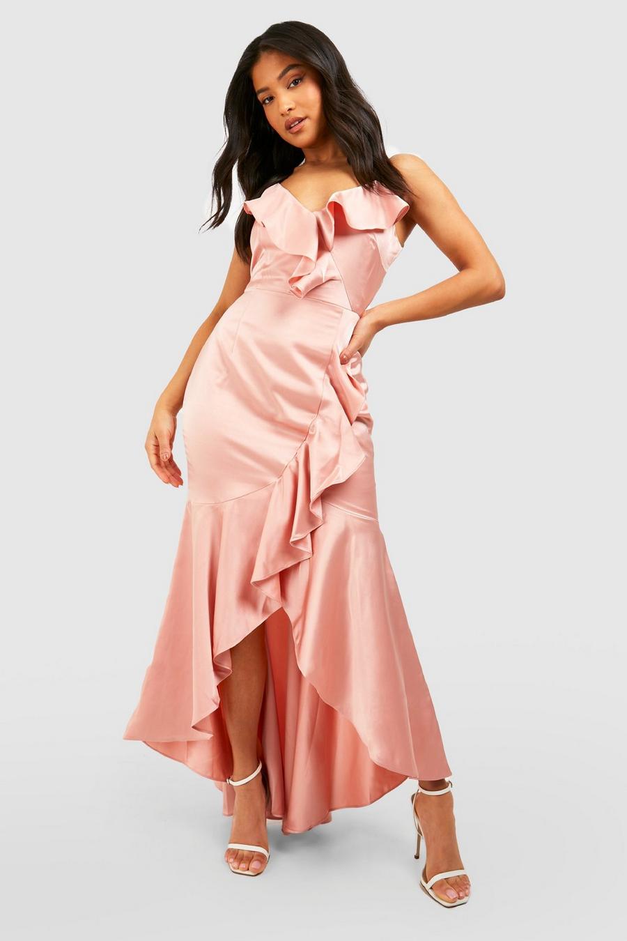 Blush Petite Premium Satin Ruffle Detail Maxi Dress image number 1