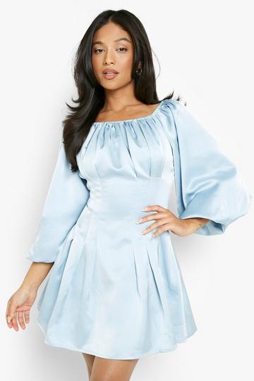 Petite Premium Satin Puff Sleeve Mini Dress sky