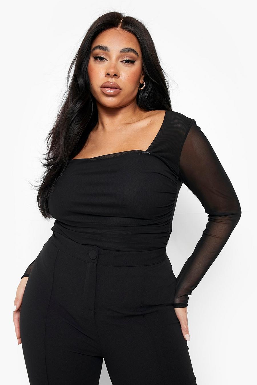 Women's Black Plus Mesh Ruched Bodysuit