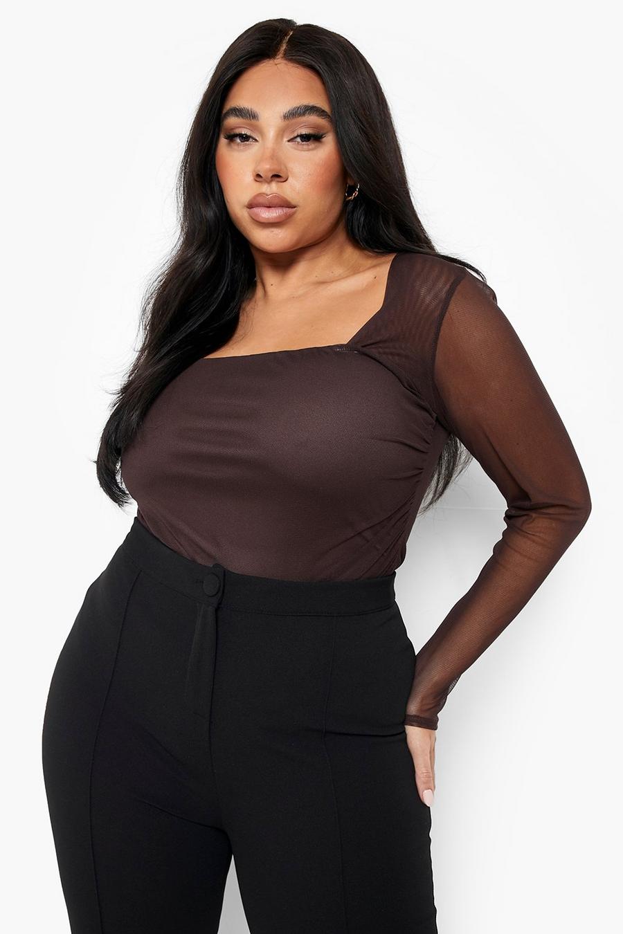 Body Plus Size in rete con ruches, Chocolate image number 1
