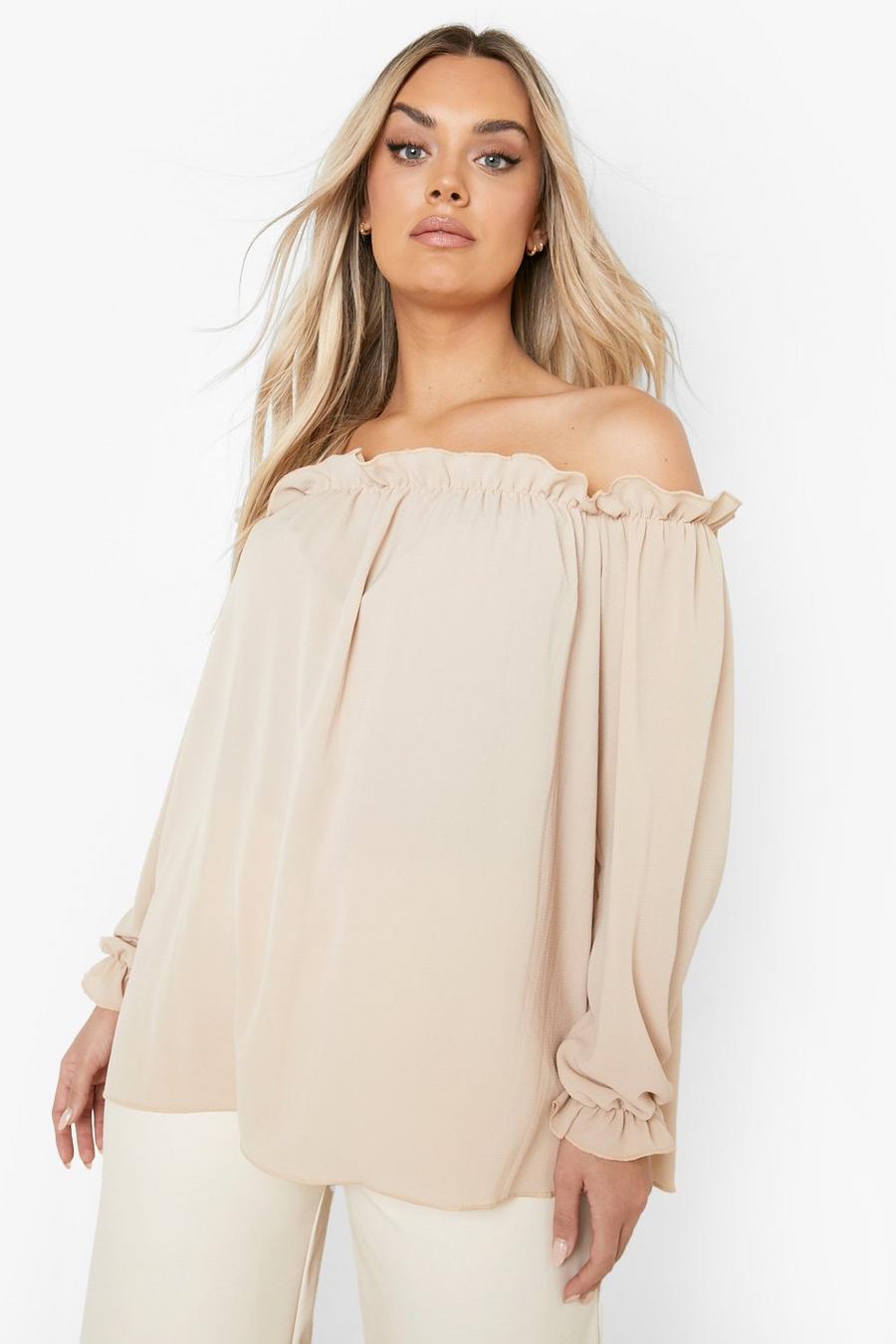 Stone beige Plus Ruffle Off The Shoulder Smock Top image number 1