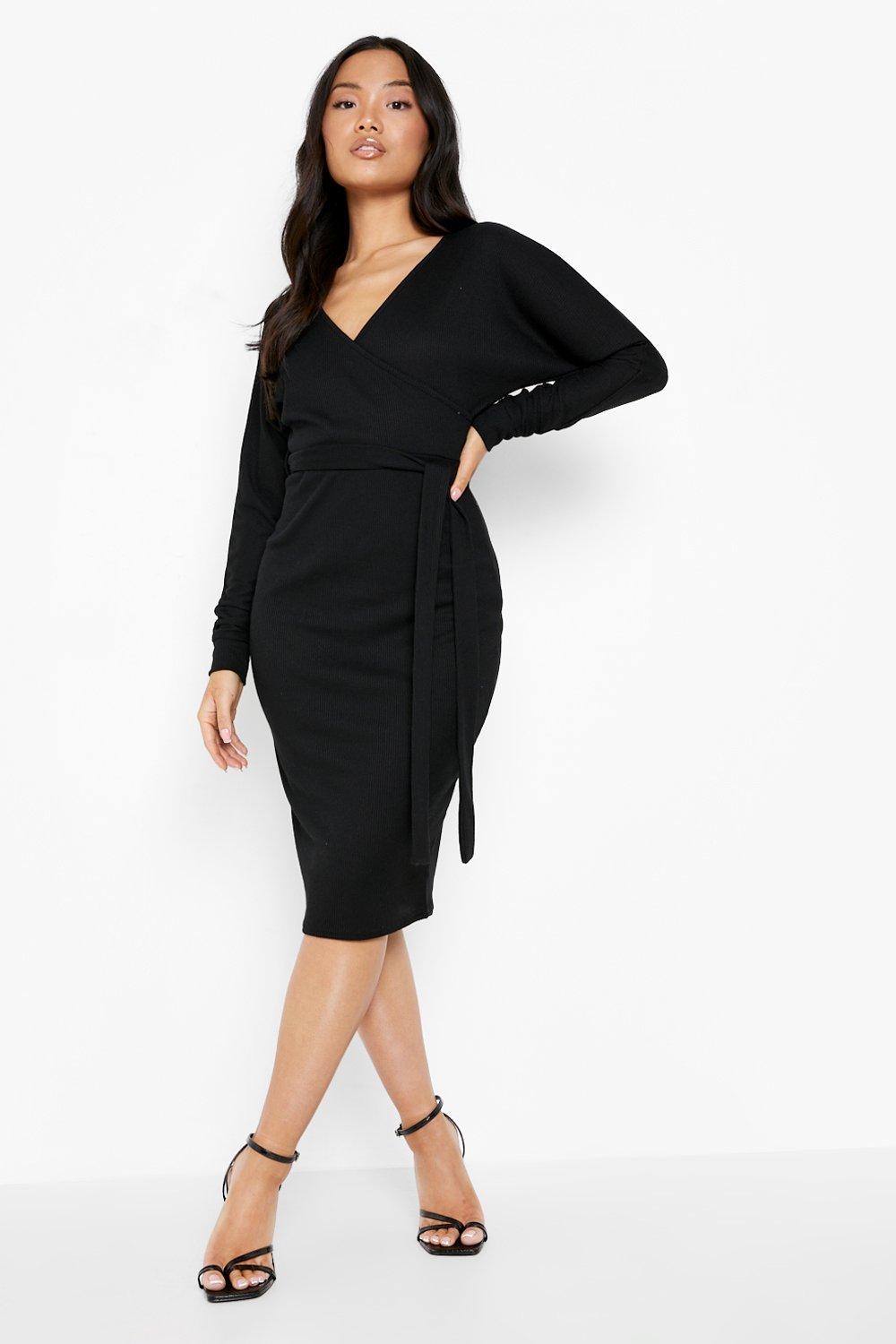 Boohoo petite bardot wrap bodycon midi dress in outlet black