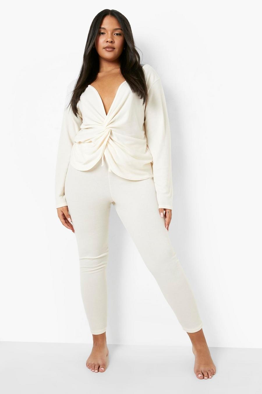 Cream white Plus Twist Front Top And Legging Lounge Set image number 1