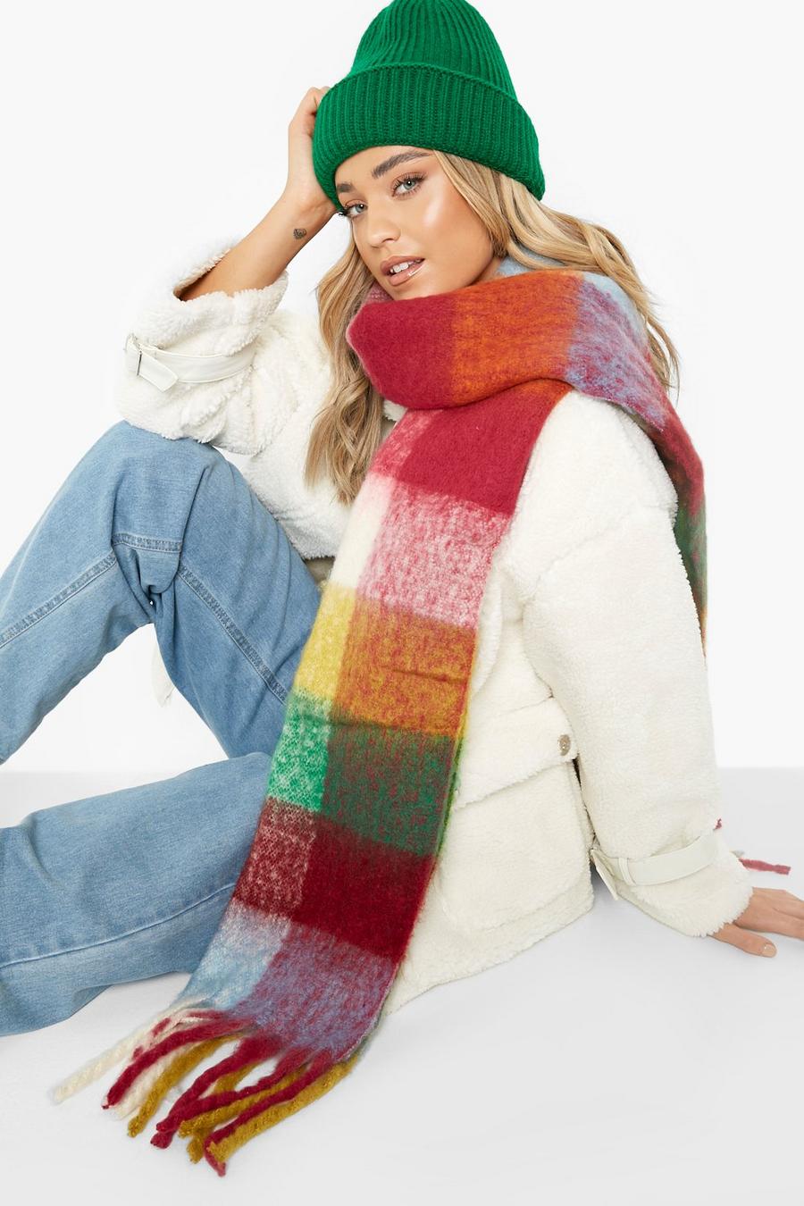Chunky Multi Checked Knitted Scarf  image number 1