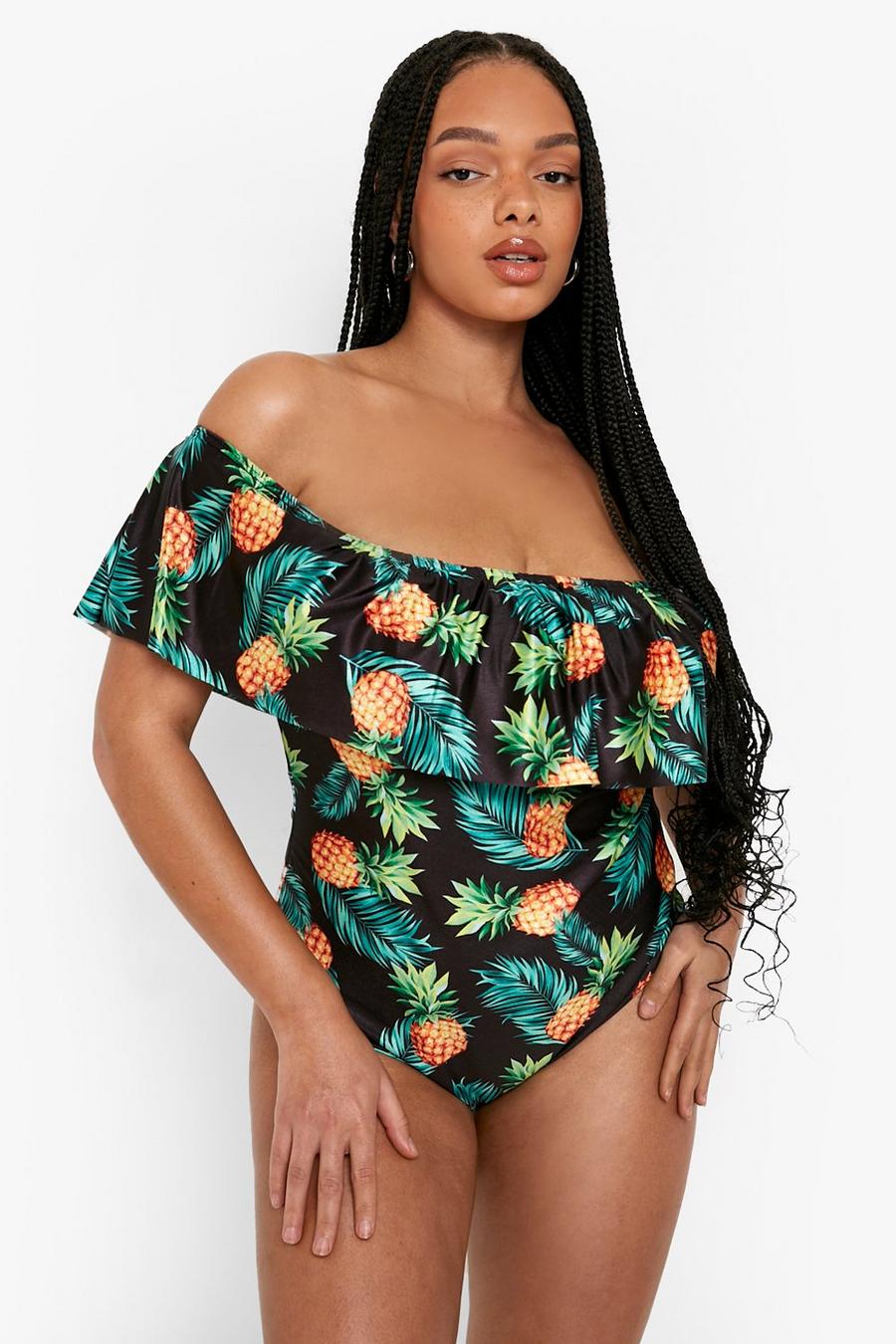 Black Plus Pineapple Off The Shoulder Frill Swimsuit image number 1