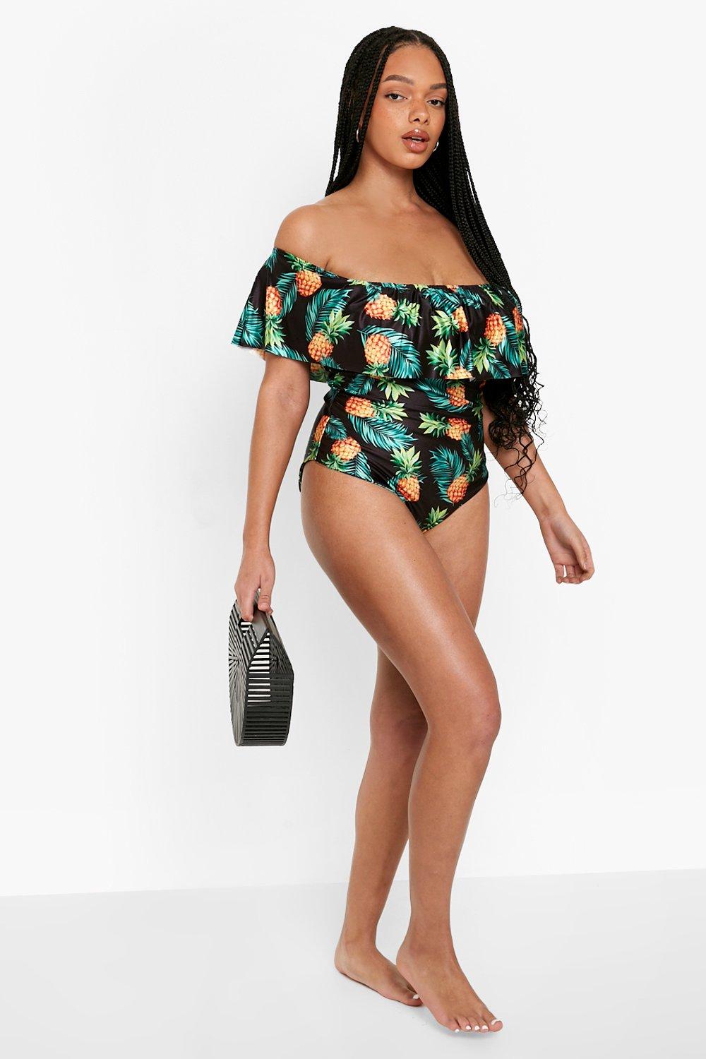 Plus Pineapple Off The Shoulder Frill Swimsuit