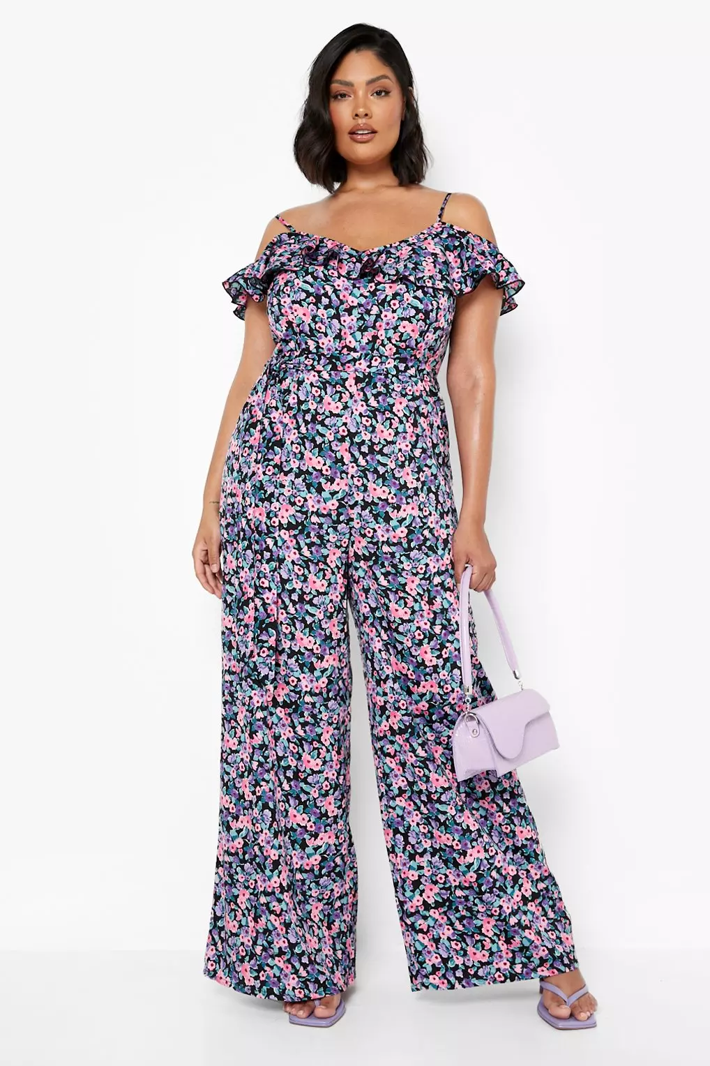 Floral cold store shoulder jumpsuit