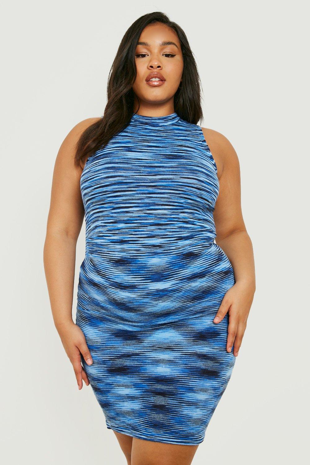 Plus Size Midi A-Line Dress - Pleated Space Dye Soft Knit