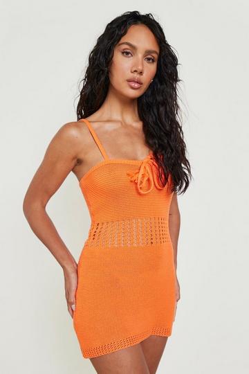 Recycled Crochet Strappy Tassel Beach Dress orange